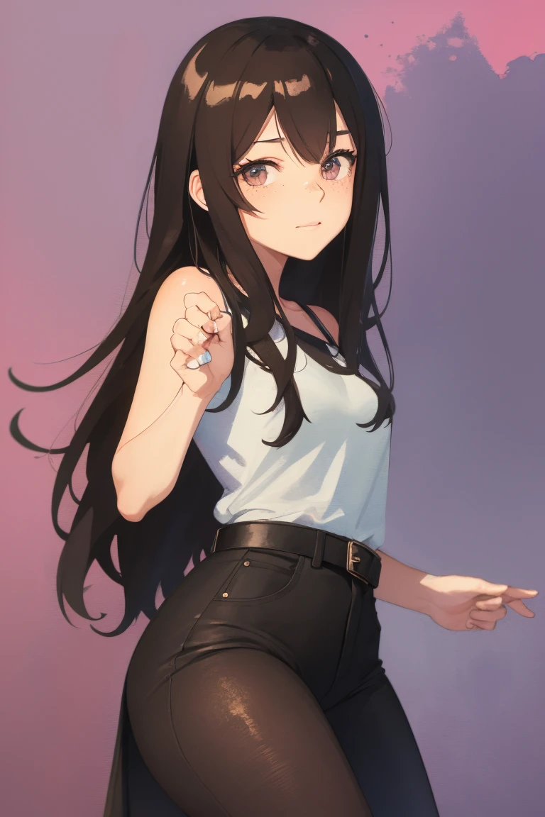 Full body, a woman with freckles, dark brown eyes, and an upturned nose, she is happy, she has long wavy black hair, wearing aviator sunglasses with clear lenses in a soft watercolor style. The girl must be in pink, purple, and blue in celebration of the bisexual, with stains of ink and watercolor mixing and filling the scene. There should be a subtle, nuanced change in colors using the impasto technique with gouache paint. There should be a light rain in the watercolor painting with a little watercolor paper texture and a pastel background.