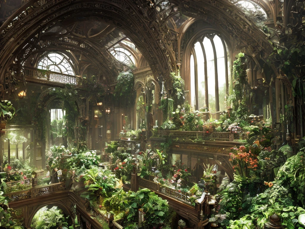 A grand greenhouse interior in victorian style, lots of exotic flowers and staircases, soft eerie light, insidious movie vibes, high chaos, intricate work by Johan Grenier style, Alyssa Monks style
