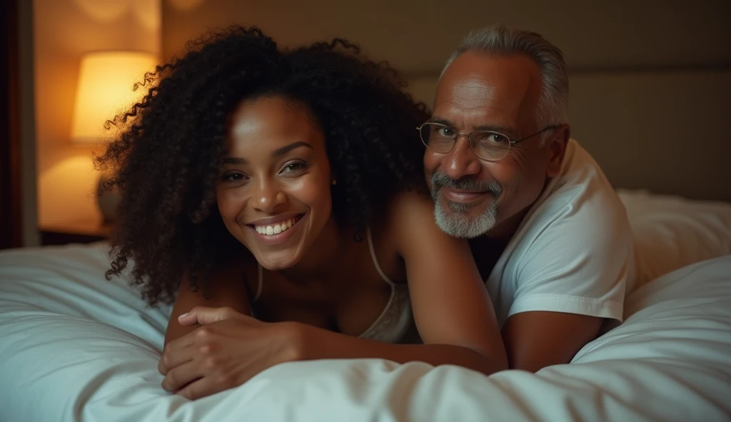 20-year old sexy, hot Nigerian female prostitute and her 60-year old male client lying down in a hotel room