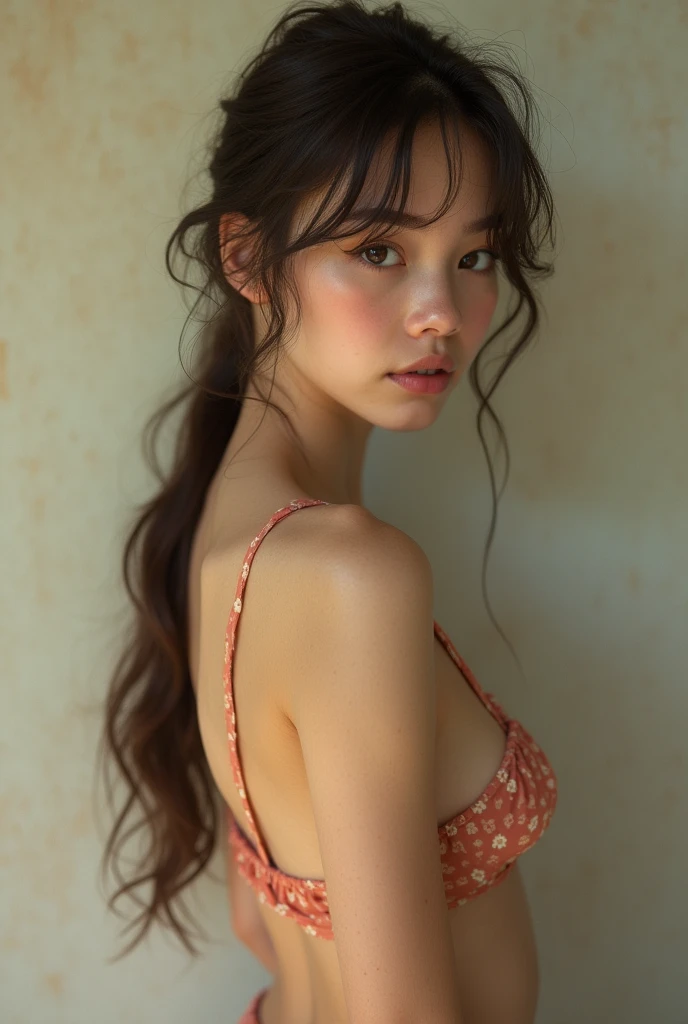 A brunette girl with curly hair and small breasts sits with her legs stretched out, taking a realistic photo