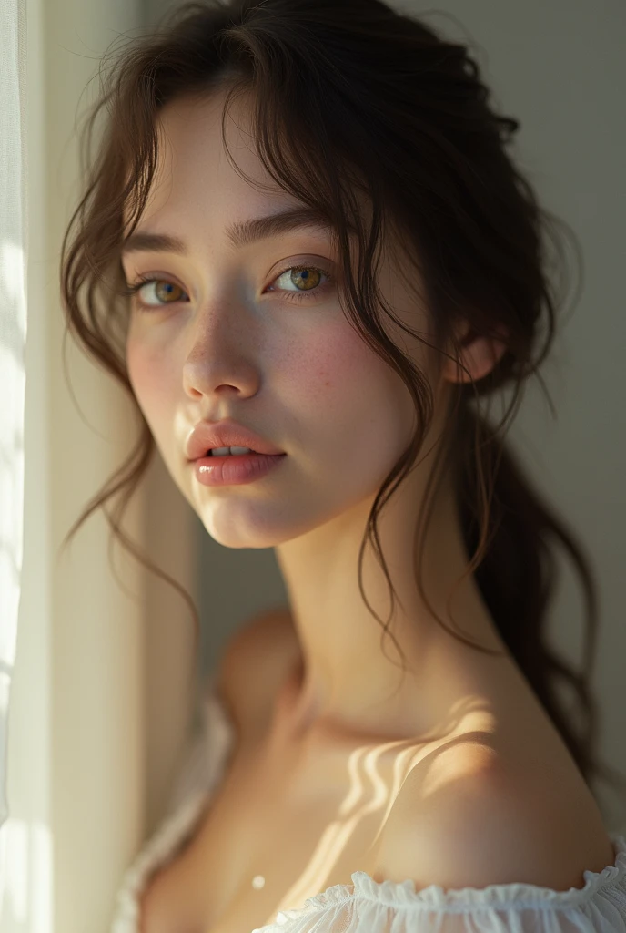 Portrait, 1 girl, (20 years old girl), tween model, David Hamilton style, slim, small, undeveloped, 90s, granulated picture, masterpiece, best quality, photo-realistic, sexy