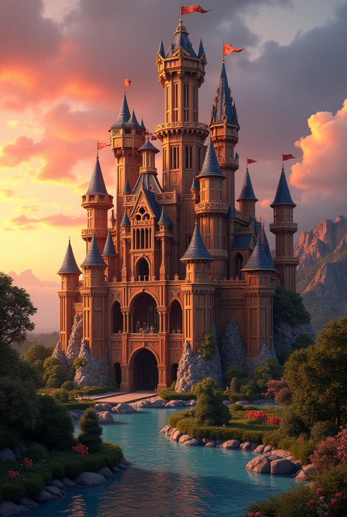Generate an astonishing and mind-blowing image of a majestic castle entirely built from wooden pallets. The castle should feature towering spires, grand turrets, and intricate battlements, all constructed with a creative and detailed use of pallets. Surround the castle with lush, manicured gardens and a sparkling moat for added grandeur.
The scene should be set during a dramatic sunset, with vibrant, warm colors illuminating the castle’s wooden facade. Incorporate enchanting elements like fairy lights twinkling along the castle walls, and add fantastical touches such as banners fluttering in the breeze and whimsical creatures in the gardens.
The overall image should capture a magical and otherworldly atmosphere, blending fantasy and craftsmanship in a way that will captivate viewers and inspire awe.