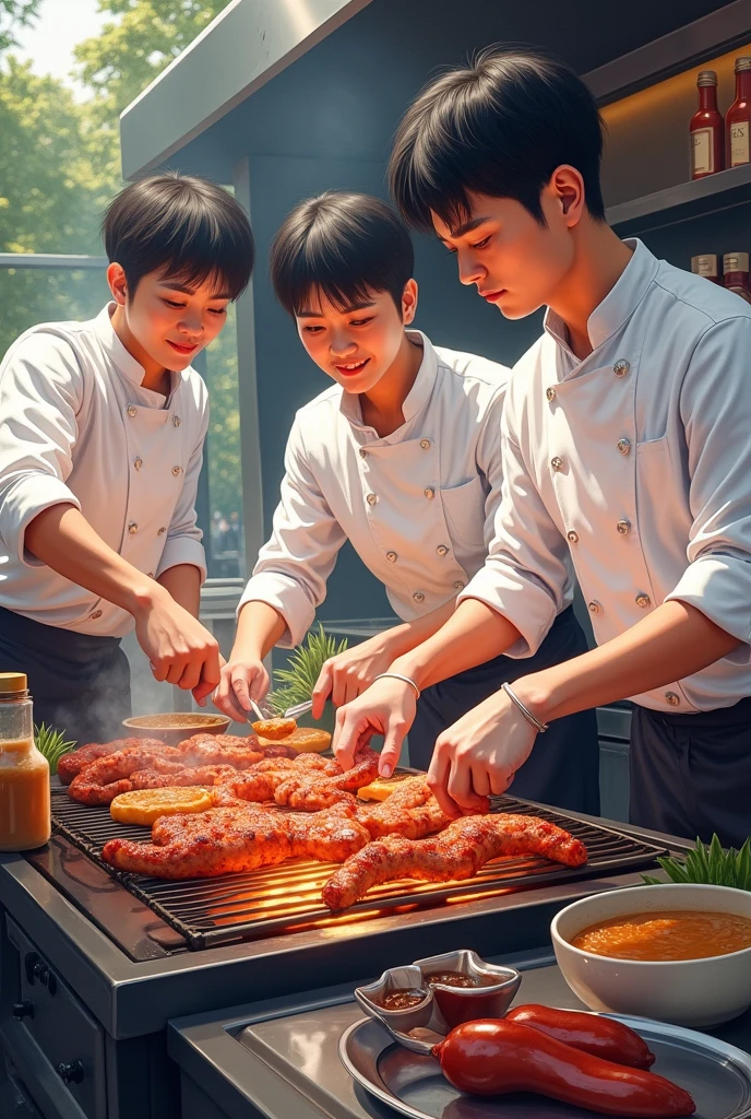 Realistic drawing of a 3 barbecue chef with short black hair