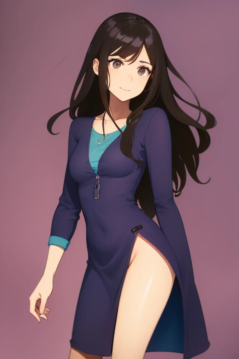 Full body, a woman with freckles, dark brown eyes, and an upturned nose, she is happy, she has long wavy black hair, wearing aviator sunglasses with clear lenses in a soft watercolor style. The girl must be in pink, purple, and blue in celebration of the bisexual, with stains of ink and watercolor mixing and filling the scene. There should be a subtle, nuanced change in colors using the impasto technique with gouache paint. There should be a light rain in the watercolor painting with a little watercolor paper texture and a pastel background.