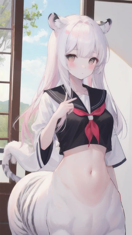 (best quality, masterpiece), 1 girl, centaur, I beg, White skin, Japanese schoolgirl,daughter,black pink, exposing the abdomen, belly button t-shirt , 아름다운 소녀 perfect white tiger photo, perfect white tiger photo