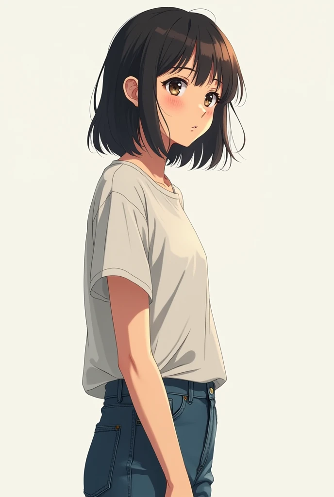 A beautiful young girl, wearing a t-shirt and a jeans pants, side profile view, she stands like she was talking to someone, realistic full body portrait, anime style