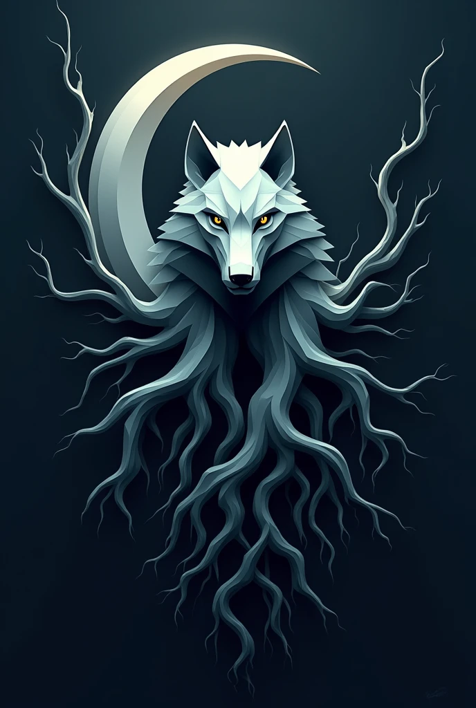 Crescent Moon, in the middle a geometric wolf head at the end of the head long tree roots