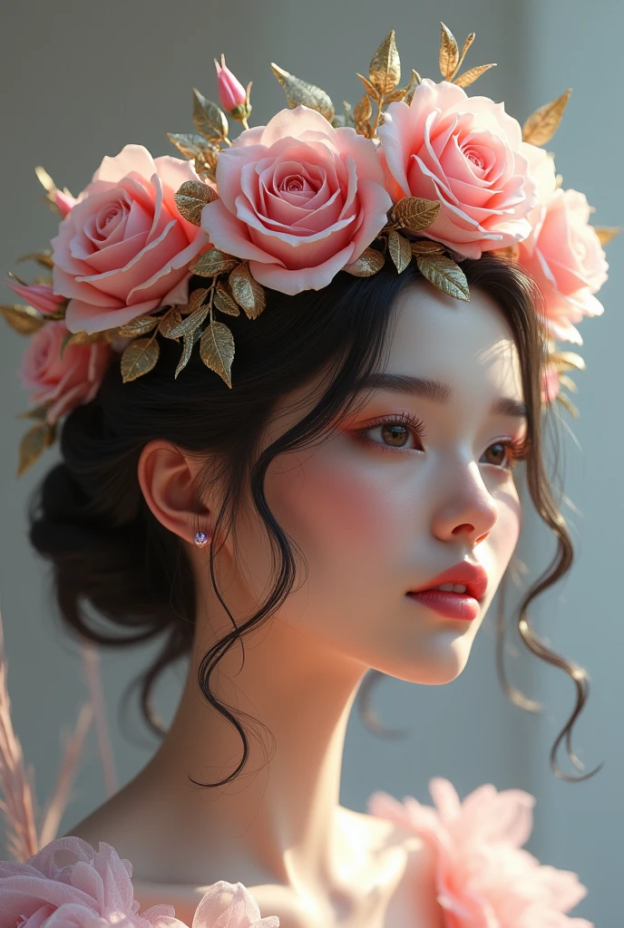 A realistic fairy crown, with pink and pastel pink and glitter, where you can clearly see how it is composed, beautiful, with brighter ones, with different shades of roses, lighter and darker , on the head of a model that shows a nice shape, and striking, with bright , that the crown is more visible than the model, and that the flowers are not so big and not literally a crown Smaller flowers