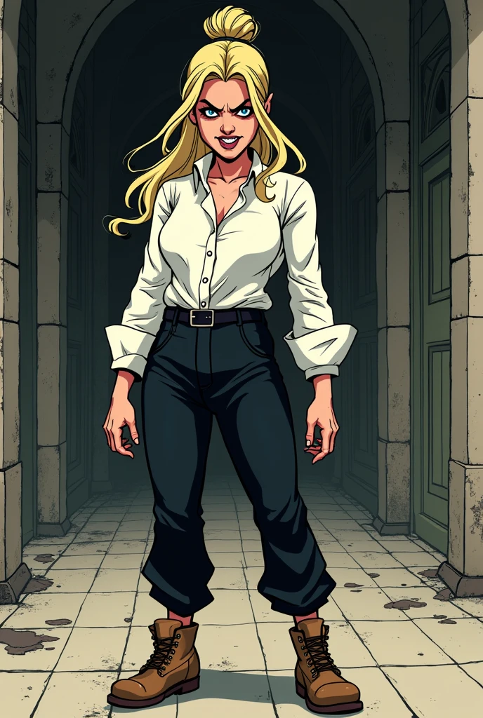 Evil adult woman with evil face tied up blonde hair white and black clothes brown shoes with pants in cartoon style drawing
