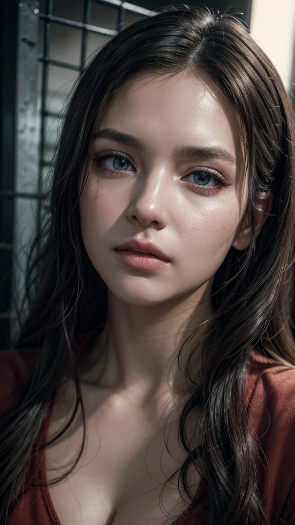 A beautiful woman, a young woman, a woman, face, beautiful detailed eyes, beautiful detailed lips, extremely detailed eyes and face, long eyelashes, detailed detailed, author machine, makeup, prison, prison uniform, photorealistic, 8k, cinematic, high quality, high definition, hyper realistic, dramatic lighting, dramatic shadows, chiaroscuro, rich details, intricate details, masterpiece