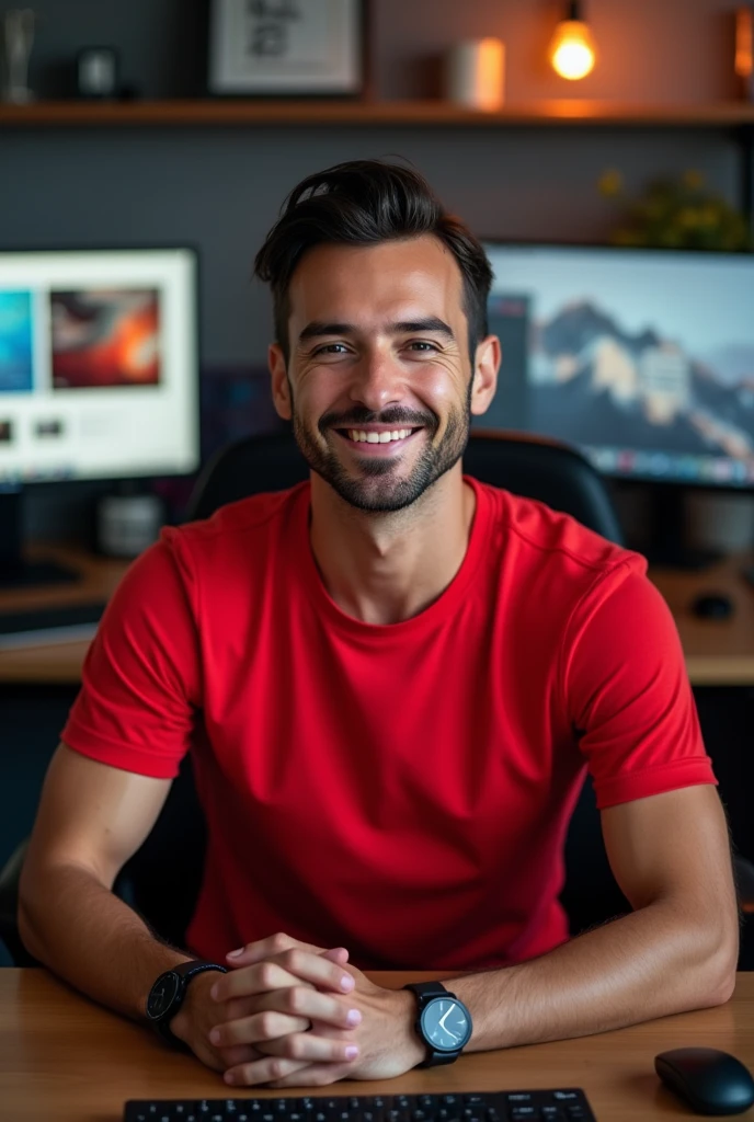 Create a.Image of a designer who gets paid well with a red t-shirt, a top-of-the-range computer and a super style 
