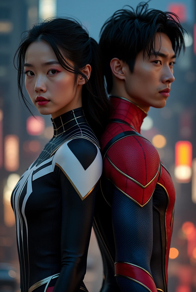 Create an image where a Korean woman wears a black and white spiderman suit, and a Korean man wearing a red and gold Iron-Spiderman superhero suit, In the image you have to see only half of his body, and the background is night, and stand next to each other, Their faces must be clearly visible