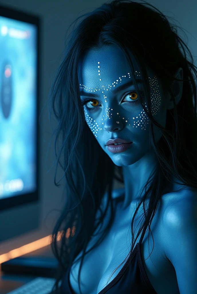 Alien woman with blue skin, white spots and yellow eyes, with a Cerio face and hair as dark as coal, positioned at a thirty degree angle facing the fourth screen on another planet