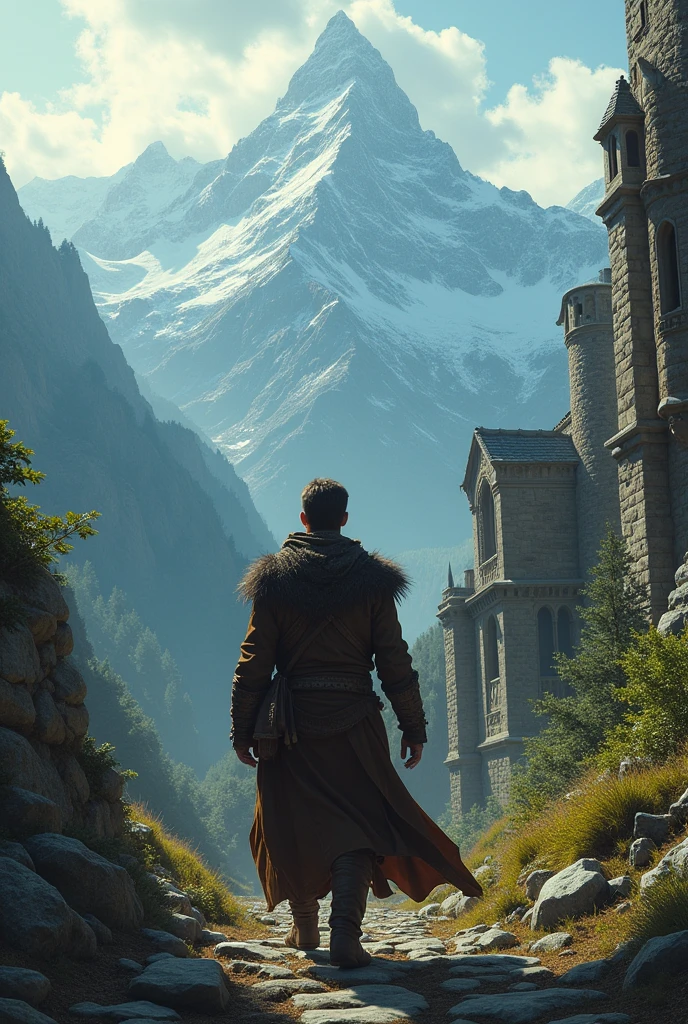 An image showing a young man returning to the dwarves, with the mountain in the background and an atmosphere of anticipation, highlighting how his adventure has changed the course of history.