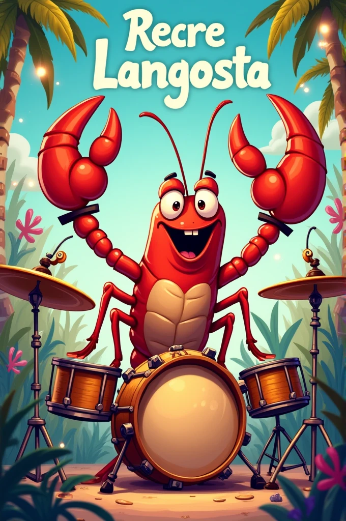 Generate an image, it must have a cartoon lobster, drums, whistles and at the top it must say the following phrase in Spanish "Recre Langosta" as it is written without accents and both words begin with a capital letter