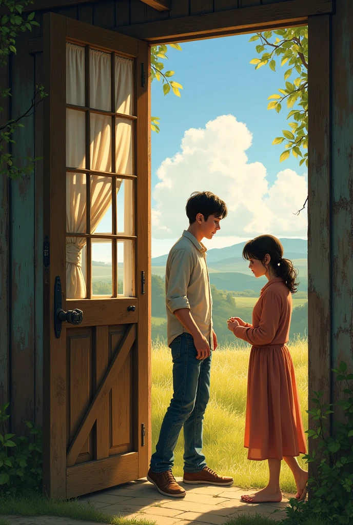 Make a more or less worn-out house in the countryside with 2 people in the doorway and the weather in the afternoon and a curtain on the window that moves in the wind. 