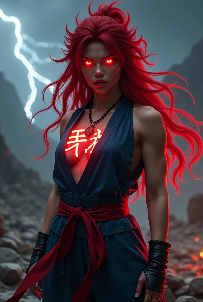 Create a live-action depiction of a gender-swapped Akuma from Street Fighter. The character should have long, wild red hair that cascades down her back, maintaining the original spiked and untamed style, with glowing red eyes that exude power. Her outfit should be a modified version of Akuma’s dark blue gi, faithful to the original design but adjusted to emphasize her extremely large chest. The gi should be sleeveless and slightly torn, with the top part loose and partially open, revealing significant cleavage and a muscular yet feminine physique. The kanji symbol on her back should remain prominent, glowing with a fiery red aura. She should wear the same black prayer beads around her neck, with a dark red sash tied around her waist. The background should be a desolate battlefield or a dark, stormy landscape with lightning striking in the distance, capturing Akuma’s fierce and menacing nature. The overall image should portray Akuma’s overwhelming power and dark presence while accentuating her new gender and appearance, with a slightly provocative touch. The colors and details should remain true to the original character to ensure precise recreation.