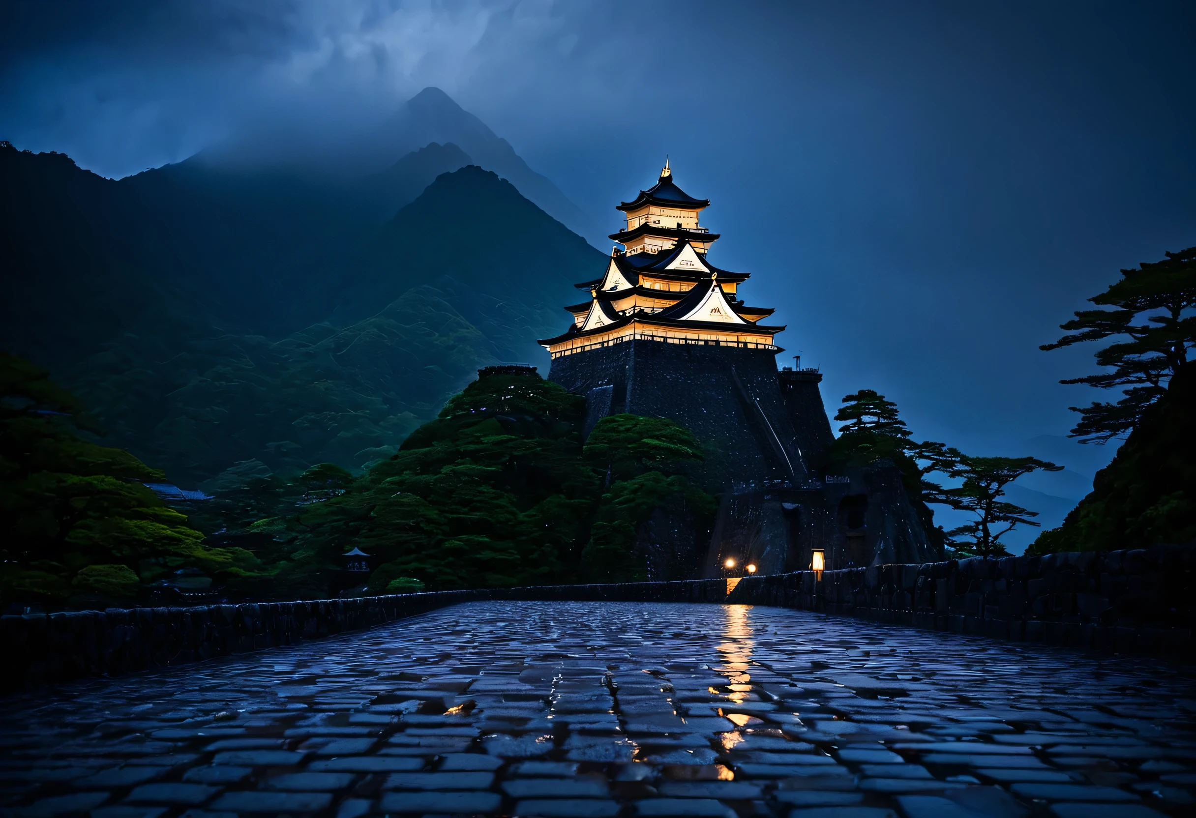 In Japan's Sengoku period, on a stormy, rain-soaked night, the eternal castle standing between the mountains shines like a divine presence. Its enchanting light emerges from the darkness, captivating and instilling fear in those who behold it. The wet cobblestones quietly reflect the glow, while the light seeping through the castle walls creates a magical scene. This eternal castle symbolizes the strength and beauty that have withstood the turbulent waves of war, leaving an indelible mark on the hearts of all who witness it.