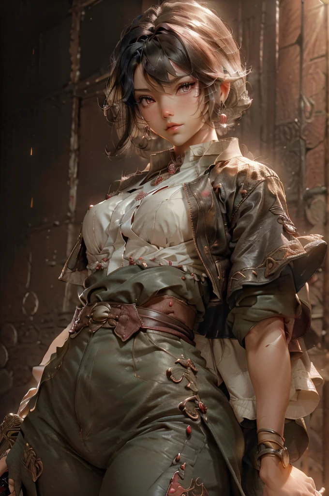 best quality, ultra-detailed, extremely detailed CG, unity 8k wallpaper, official art, caustics, super detailed skin, perfect anatomy, detailed, dynamic lighting, short woman with curvy body, latin features, short dark hair, brown eyes, with dark skin like the shadar-kai alfic race, with clothes made of leather, having a whip as a weapon and daggers on her belt
