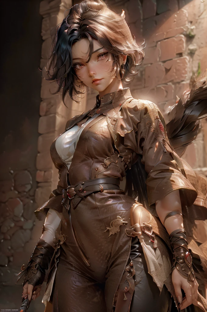best quality, ultra-detailed, extremely detailed CG, unity 8k wallpaper, official art, caustics, super detailed skin, perfect anatomy, detailed, dynamic lighting, short woman with curvy body, latin features, short dark hair, brown eyes, with dark skin like the shadar-kai alfic race, with clothes made of leather, having a whip as a weapon and daggers on her belt