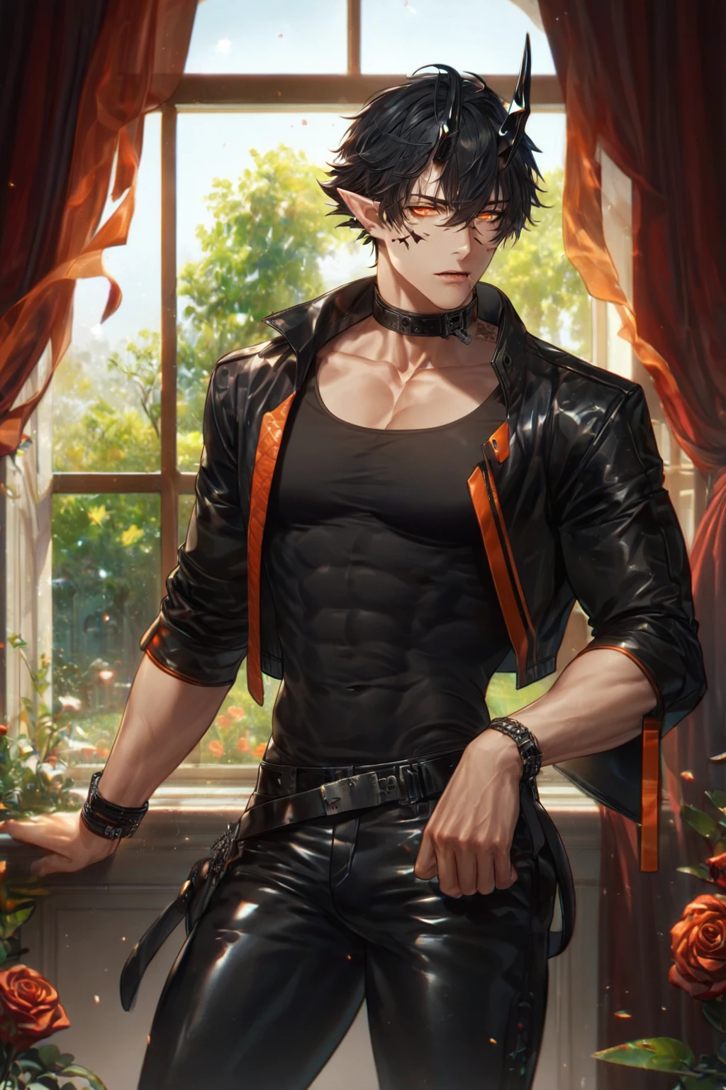 absurdres, highres, ultra detailed, HDR) master piece, best quality, extremely detailed, detailed face, detailed eyes, delicated features, Flamebringer, black hair, expressive orange eyes, Arknights, solo, sexy man, handsome, toned, sensual, black horns, slightly pointed ears, black marks on the face, cropped leather jacket with orange patterns, tight turtleneck shirt, collar, black leather pants, window, red curtains, garden, red roses