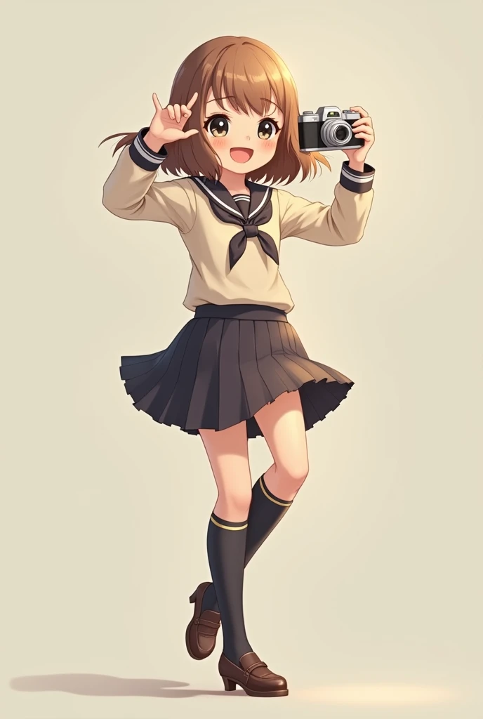A short girl, light brown color, Shoulder length hair with brown highlights, happy smile, Black eyes with light reflections, dressed in a cream white blouse, schoolgirl skirt, long stockings and short-heeled shoes, taking selfie