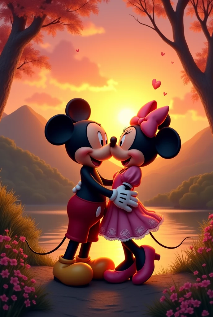 Date 14.06.2020, Mickey and Minnie Mouse in love, sunset