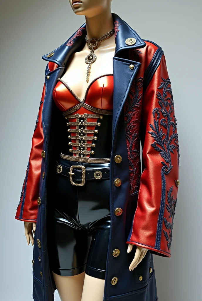 Create a hyper-realistic depiction of a high-fashion, futuristic outfit displayed on a mannequin. The ensemble is a bold and vibrant statement piece, featuring a striking color palette of hot pink, deep purple, and bright yellow. The outfit includes a glossy, metallic corset-style top in a gradient of pink to purple, adorned with golden studs and intricate stitching that adds texture and luxury to the design.

The top is paired with high-waisted, black latex shorts that have a sleek, reflective finish, creating a stunning contrast with the vibrant colors of the top. The shorts are embellished with gold chain belts that drape elegantly around the waist and hips, adding a touch of edginess to the look.

The outfit is completed with an oversized, shiny jacket in a split design: one half in hot pink and the other in bright yellow. The jacket features detailed embroidery of butterflies and geometric patterns, along with studded accents that coordinate with the corset. The sleeves are slightly puffed, giving the jacket a fashionable, modern silhouette.

Accessories include a matching choker in pink with a gold ring and heart pendant, tying the entire look together with a cohesive and glamorous aesthetic. The overall style is futuristic and avant-garde, blending elements of high fashion with bold, statement-making details, perfect for a modern, confident individual who isn’t afraid to stand out.
