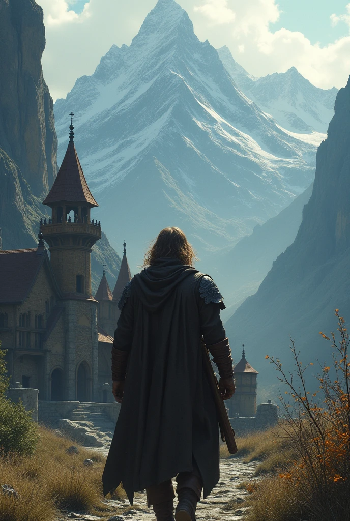 An image showing a young man returning to the dwarves, with the mountain in the background and an atmosphere of anticipation, highlighting how his adventure has changed the course of history.