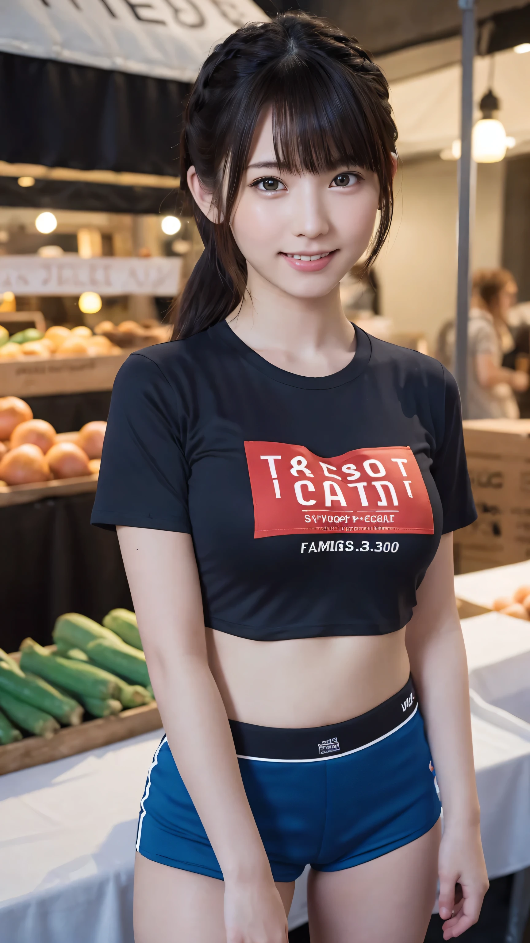 beautiful girl, (Cropped logo T-shirt:1.3, low-rise hot pants:1.3), (****:1.3), break, (farmers market:1.2), break, Shy laugh, Very beautiful eyes, (Symmetrical eyes:1.3), break, (D cup Breasts:1.2), Brown eyes, Parted bangs, Brown plait hair:1.3, Round face, cute, break, (Eye and facial details:1.0), Spread your legs:1.3, Shooting from below, Pussy Line, Camel Toe, Looking into the camera, masterpiece, Highest quality, RAW Photos, Realistic, Cute people, Written boundary depth, High resolution, Very detailedな, In detail, Very detailed, Very detailed, Sharp pupils, Cinema Lighting