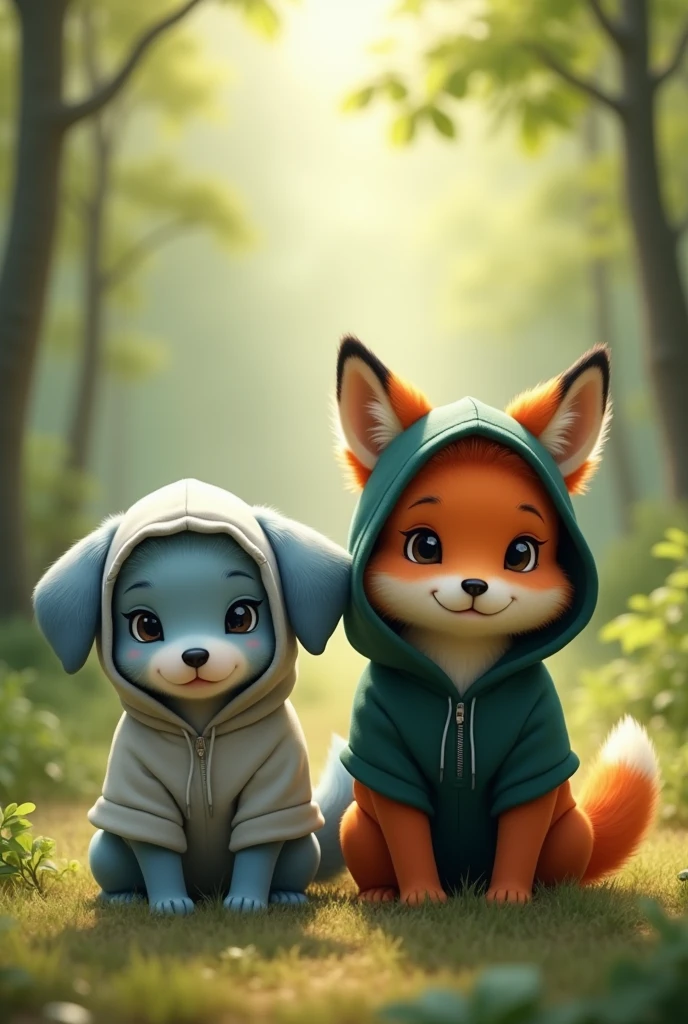 2 animals sitting side by side, A shy floppy eared quadruped puppy colored Soft Blue, wearing a gray grey colored hoodie, the hood down resting on his shoulders. And beside him, a Reddish Orange colored quadruped Fox, bigger than the Puppy in a Dark Forest Green colored Hoodie, the hood up over his head.