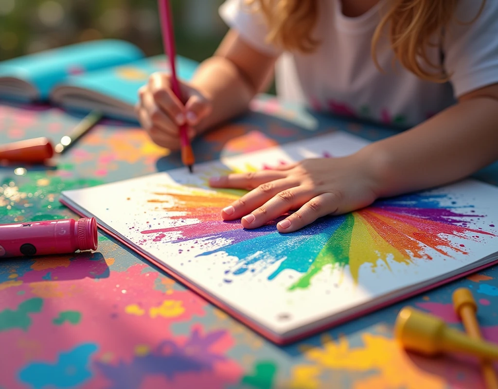 table full of colors and a couple of open coloring books and one hand painting