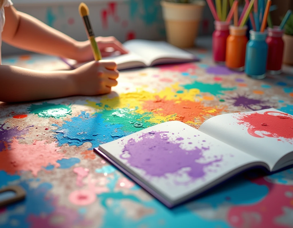 table full of colors and a couple of open coloring books and one hand painting