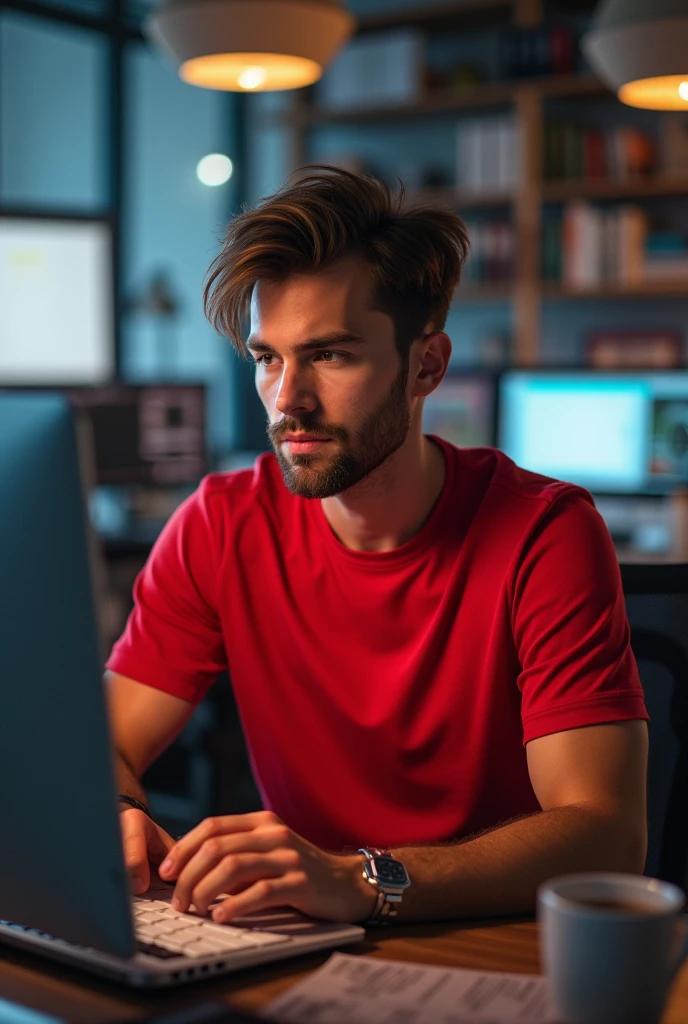 Create a.Image of a designer who is well paid, wearing a red t-shirt, a top-of-the-range computer and with a super style, who is working and looks stressed but at the same time is relaxed.
