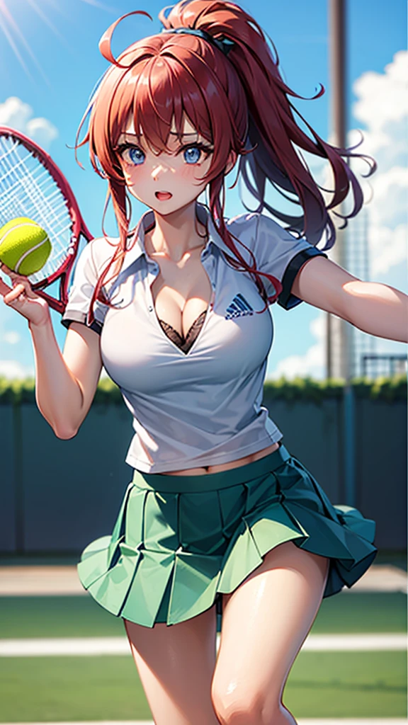 Highest image quality、cute face、smile、、small tits,tennis wear、skirt、white panties、Camera angle from below、white panties見えてる、