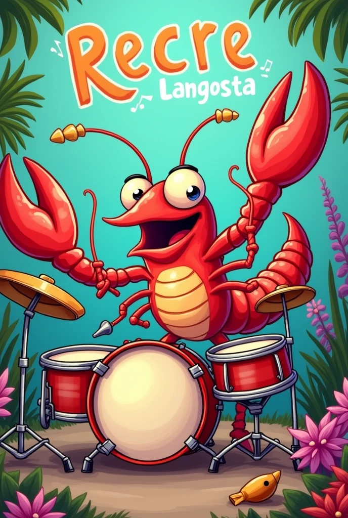 Generate an image, it must have a cartoon lobster, drums, whistles and at the top it must say the following phrase in Spanish "Recre Langosta" as it is written without accents and both words begin with a capital letter 