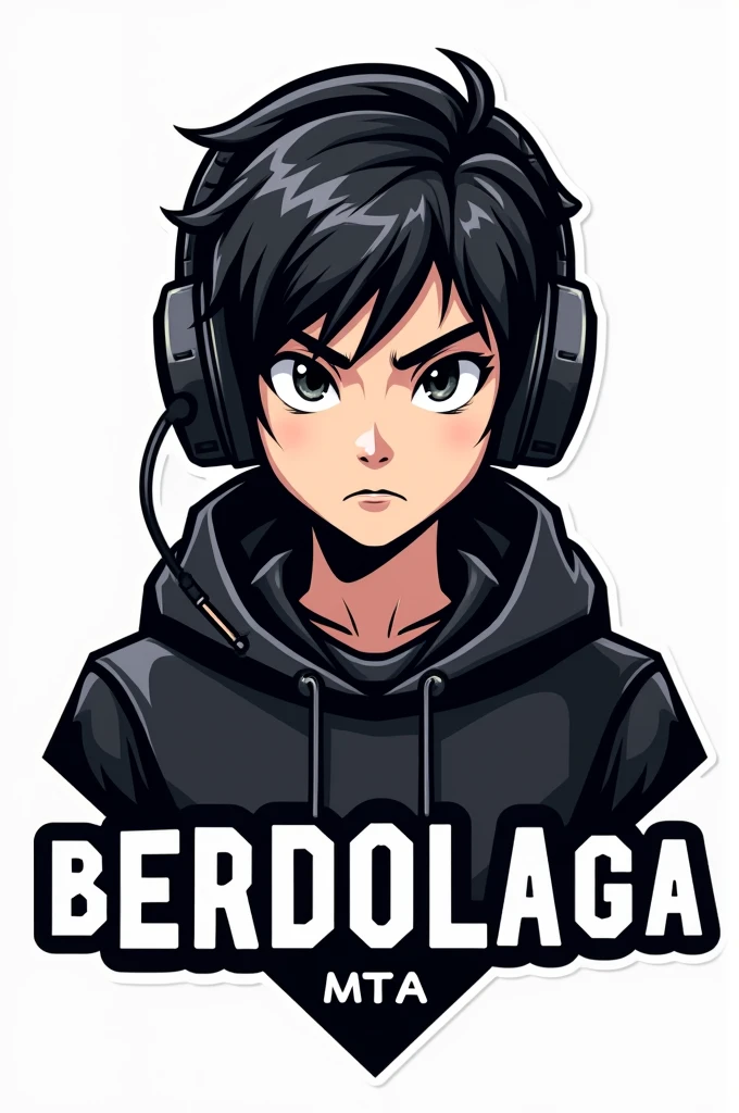 Create a logo of a gamer boy wearing headphones and a black sweatshirt and below it says in white berdolaga_mta