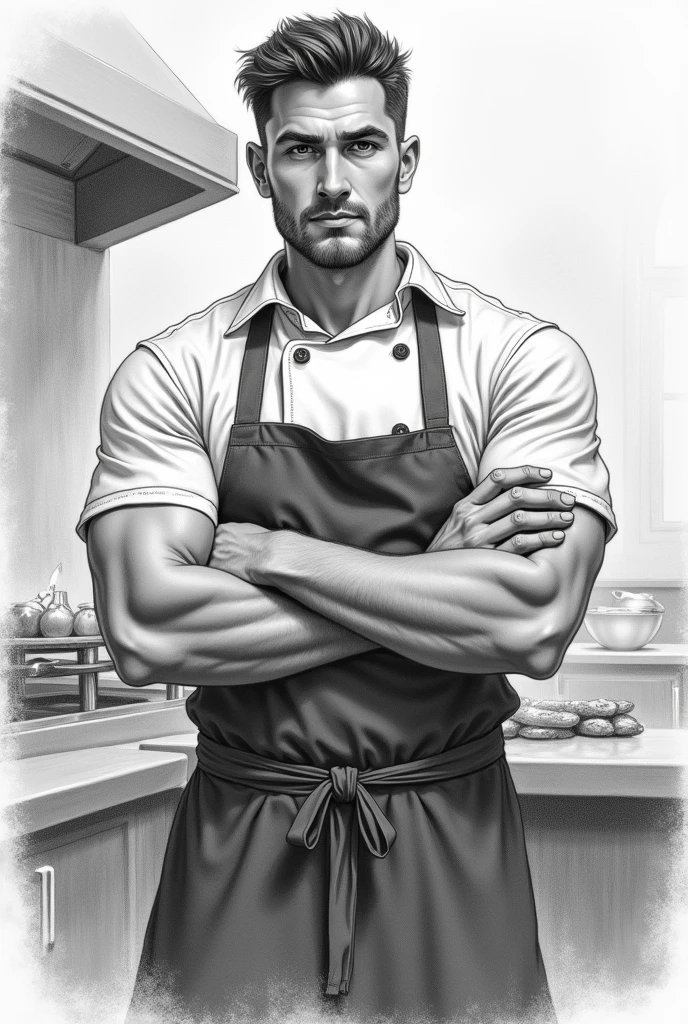 Realistic drawing of a barbecue chef 3 with short black hair 80 kilos without a beard
