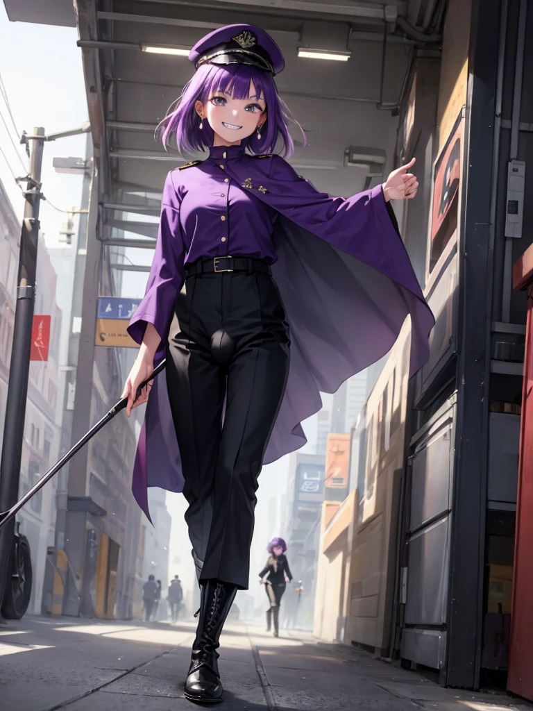 nsfw, (8k、Best image quality、Highest quality、masterpiece)、Detailed face、Detailed Background, Improve、A beautiful 1 woman, (Purple Hair:1.5), Pixie Cut, flat chest, (Short:1.5), (Black military uniform and cap), (Black slacks:1.5), Short cloak, Earrings, Cute Hair Accessories, Knee-high boots, Walking in front of the station, holding a riding crop in hand, from front, full body, (grin:1.5), (Bulge:1.5)