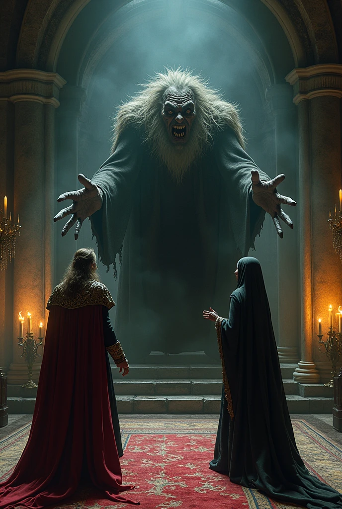 The king and queen making a deal with a ugly witch. Inside a medieval castle in a retro 80s movie style, DARK FANTASY
