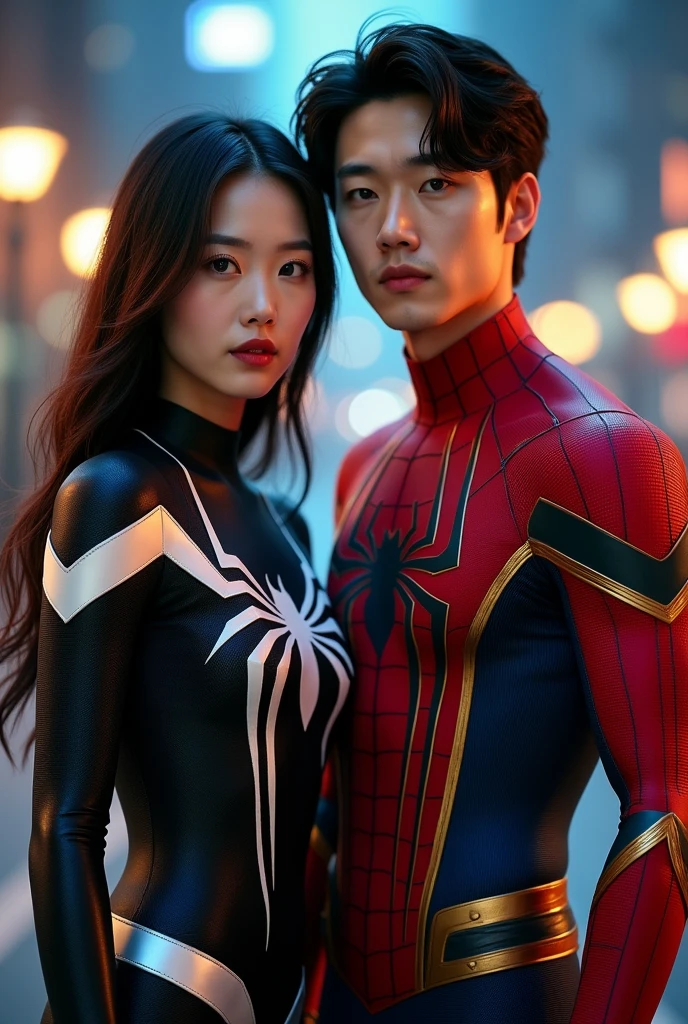 Create an image where a Korean woman wears a black and white spiderman suit, and a Korean man wearing a red and gold Iron-Spiderman superhero suit, In the image you have to see only half of his body, and the background is night, and stand next to each other, Their faces must be clearly visible, They must be facing the camera 