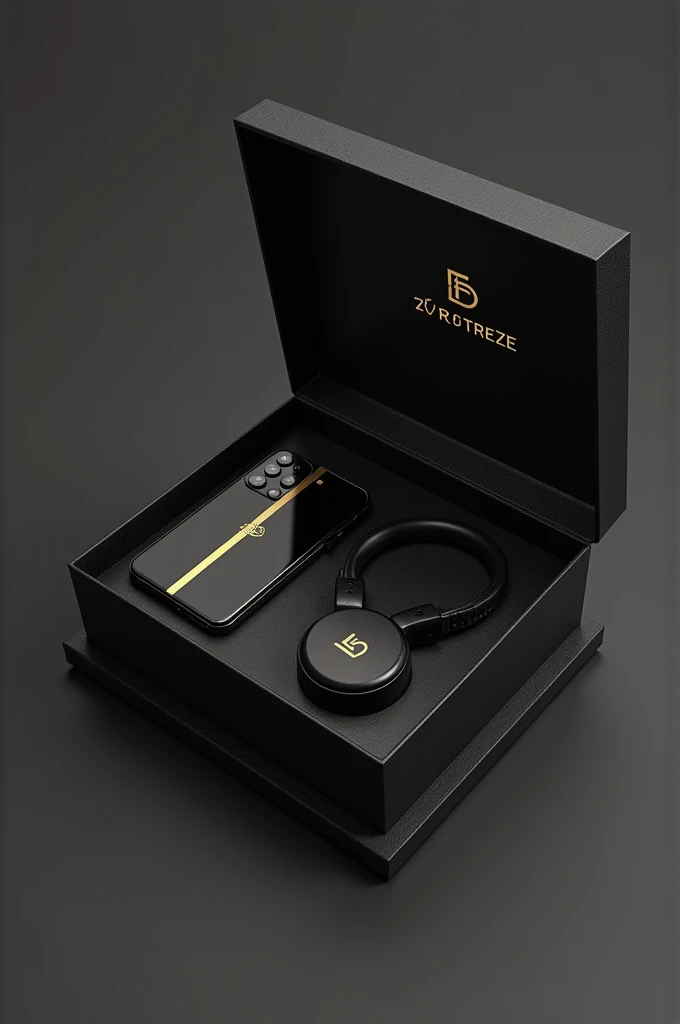 Logo for accessories store, coming out of a gift box a cell phone, a headset and a notebook in black and gold with the name Fusion Zerotreze highlighted