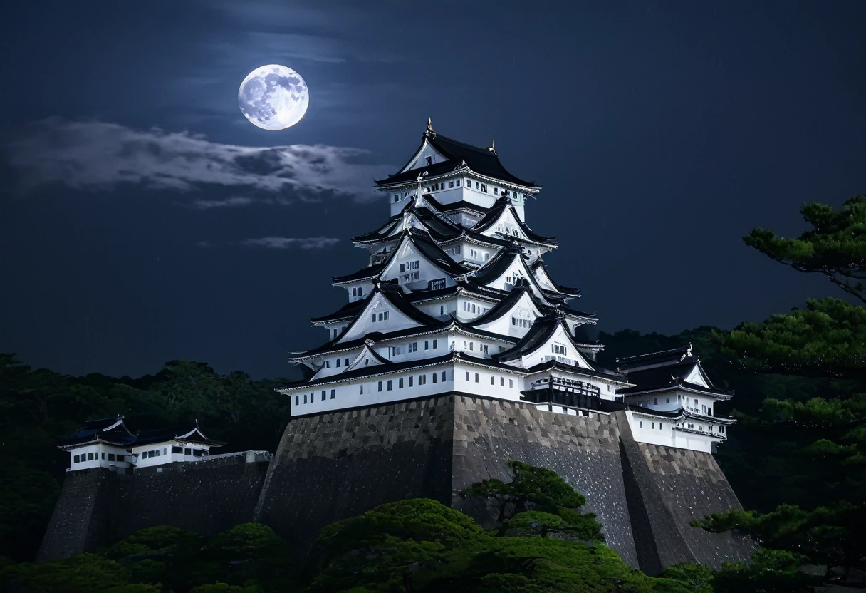 In Japan's Sengoku period, on a rainy night bathed in the ethereal glow of a full moon, the eternal castle emits an enchanting brilliance. The castle's white walls gleam divinely under the moonlight, and the rain-soaked fortifications are draped in a mystical beauty. The sound of raindrops breaking the silence enhances the castle's enigmatic atmosphere, creating a mesmerizing scene that lingers in the hearts of all who behold it. This eternal castle symbolizes the indomitable spirit that has endured the chaos of the Sengoku era, and its magnificent presence is one that deserves to be remembered forever.