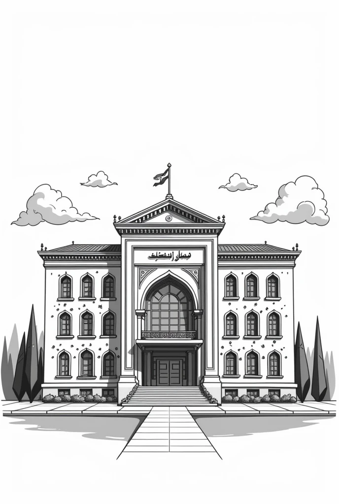 Real black and white cartoon drawing without color of Modares hospital in Tehran