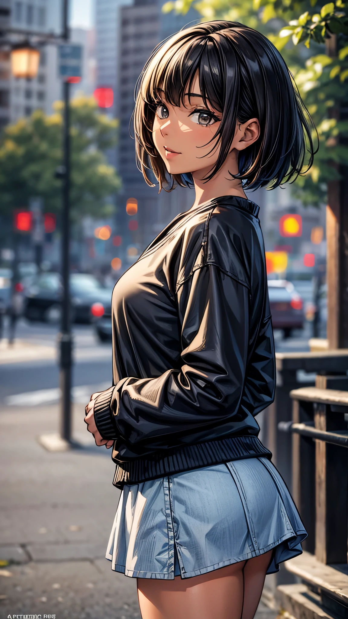 ((From side2.0,Look Away),((16years old girl)),((full body)),Beautiful attention to detail, Beautiful lip detail,One of the Japanese girl,In the park,((Dark skin tone 2.0)), (Very short black hair),((Lonely Smile)),casual ((Long jersey with line)),((tight mini skirt)),((High-top sneakers)),quality, 4K, 8k, High resolution, masterpiece:1.2, Very detailed, Realistic, photoRealistic, photo-Realistic:1.37, High resolution, High resolution, Studio Lighting, Ultra-fine painting, Sharp focus, Physically Based Rendering, Very detailed explanation, Professional, Vibrant colors, bokeh, Portraiture