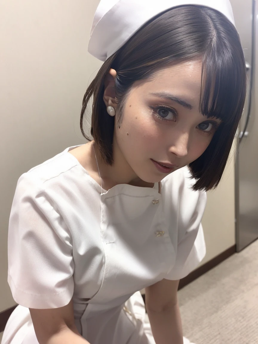 woman, alone, (Wearing white nurse clothes:1.2), Upstyle, Black Hair, nurse, Perfect Anatomy, nurse uniform, (Nurse cap), (White costume), Long skirt, hospital, Face close-up,