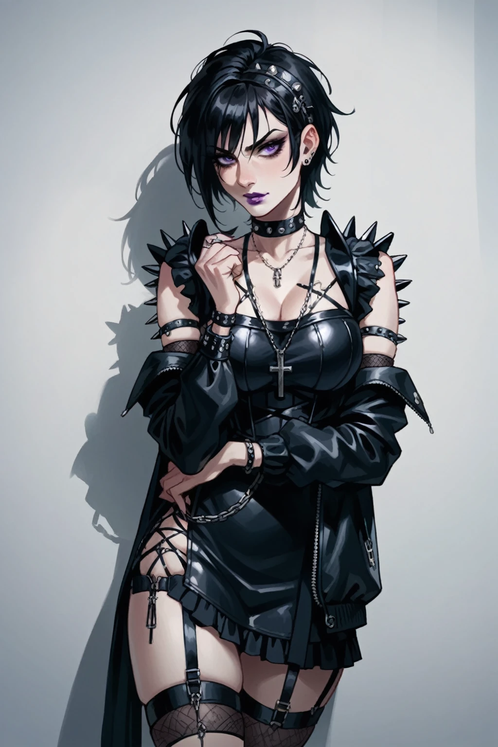 1womanl, beautiful woman, punk, ((intrikate)), dramatic lighting, detailded, work of art, short black hair, female focus, bonitas, tall and beautiful guy, sexy look, villain, purple lipstick, suggestive look, Eyes red, outlined, dangerous