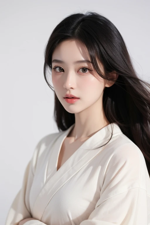 1girl, long black hair, expressionless, white skin, wearing a red kimono, realistic lighting, bloom effect, 4k, clear image, gradient background, realistic details, realistic shadows, best quality, masterpiece
