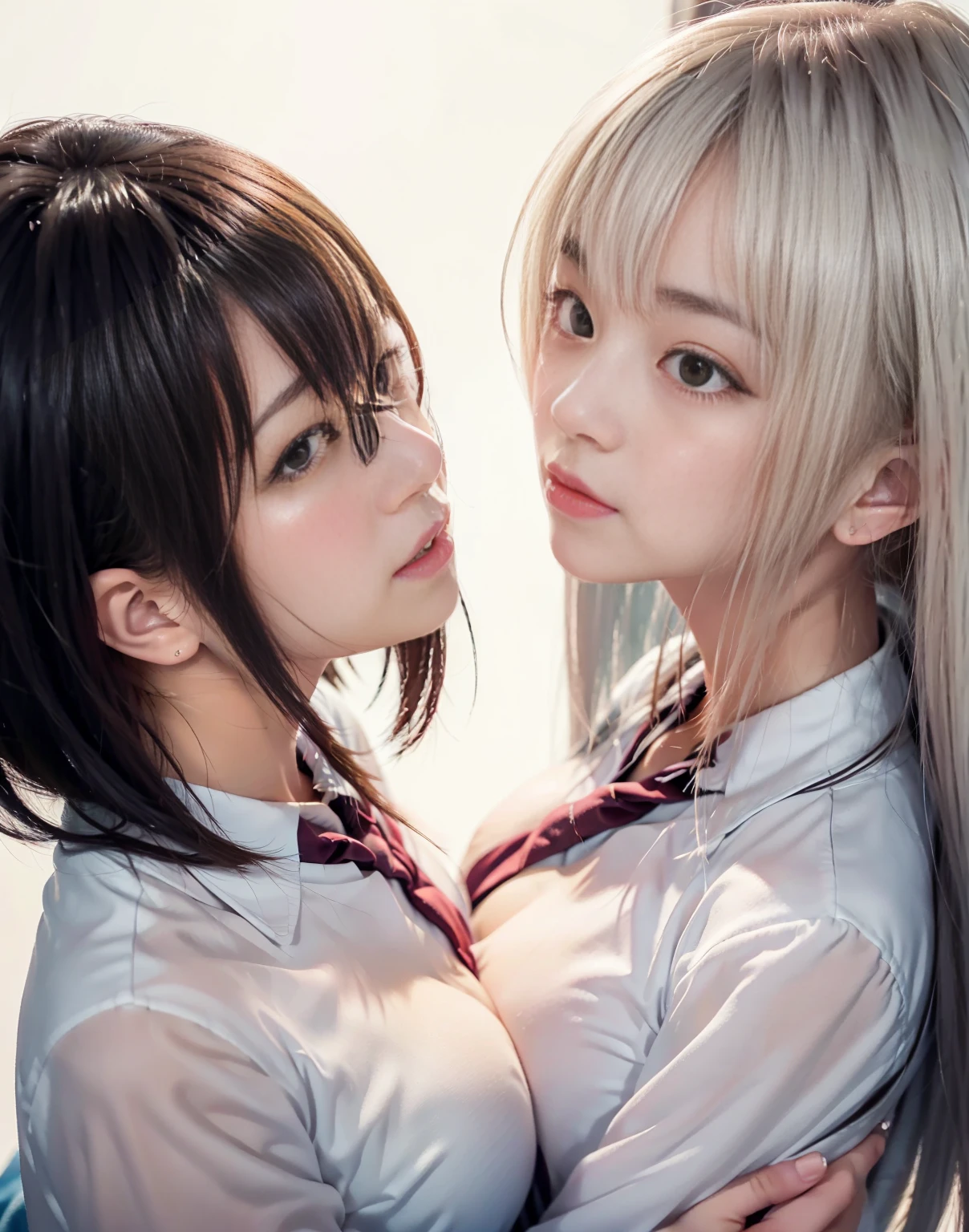 8k,masterpiece,Japanese,best quality, (schoolgirls:1.5), (kissing:1.4), reluctantly, (blush:1.1), (breasts:1.1)