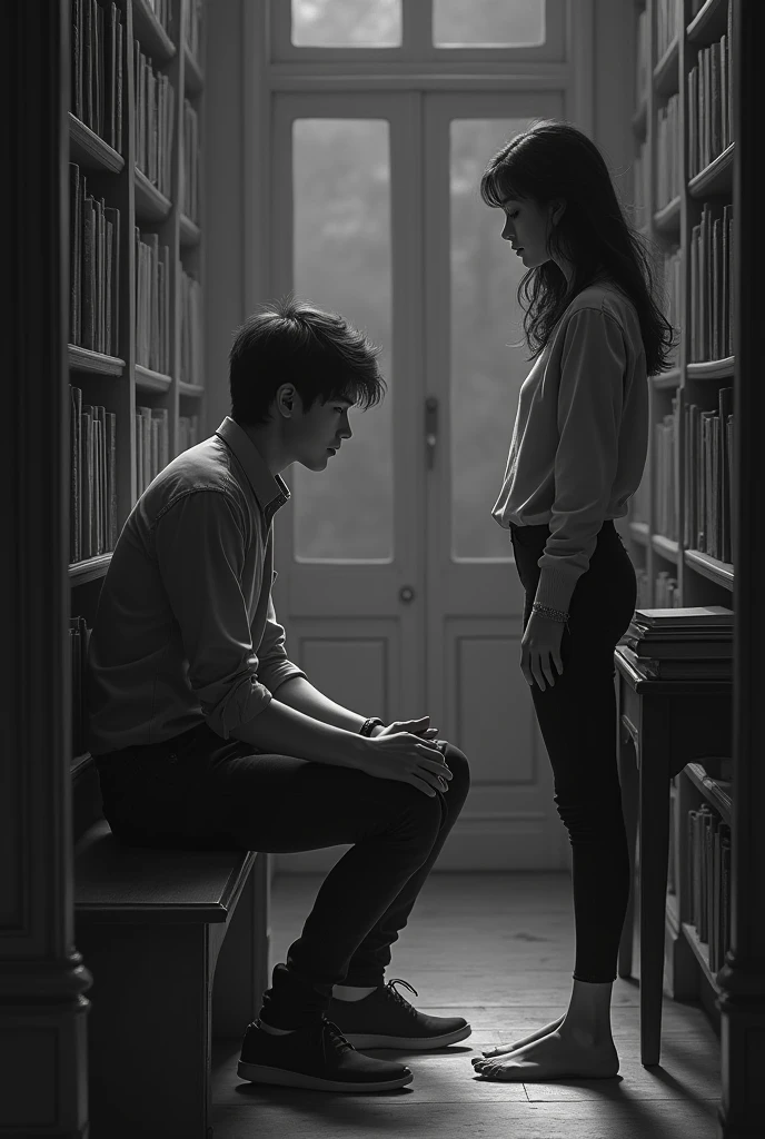 TWO young people (man sitting and woman standing) 20 and 2 in the library talking in a corner a little apart, old black and white image

